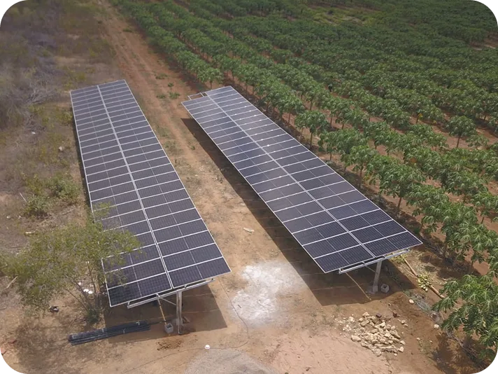 Usina solar em solo instalada em propriedade rural ao lado de plantação